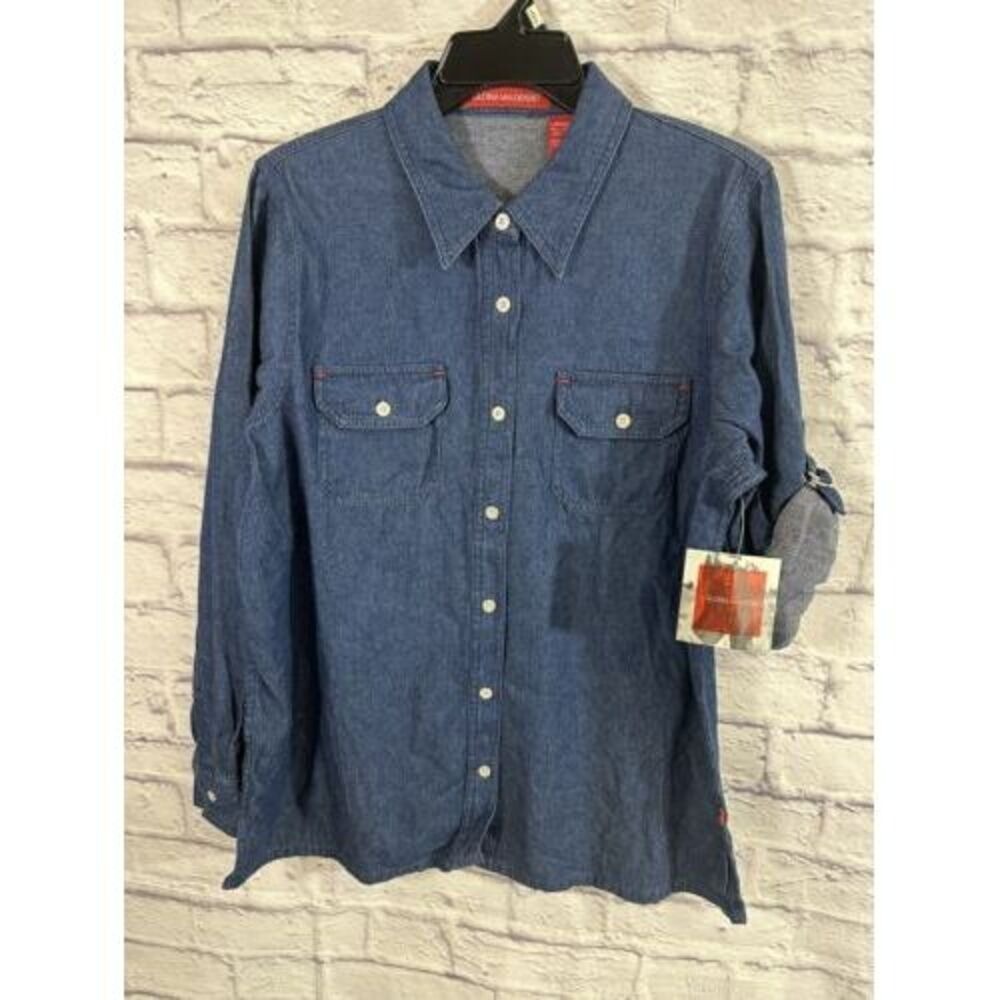 Gloria Vanderbilt Dark Blue Denim Button Front Blouse Size L&M Long Sleeve Shirt